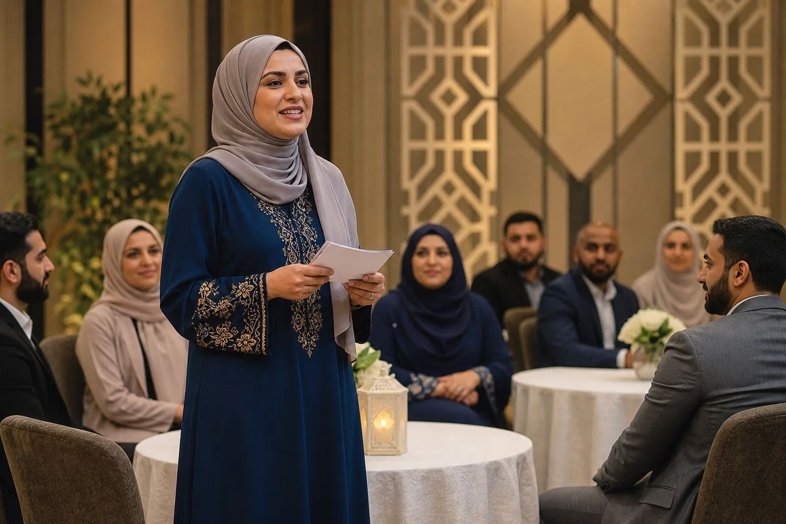 Muslim host explaining the event format