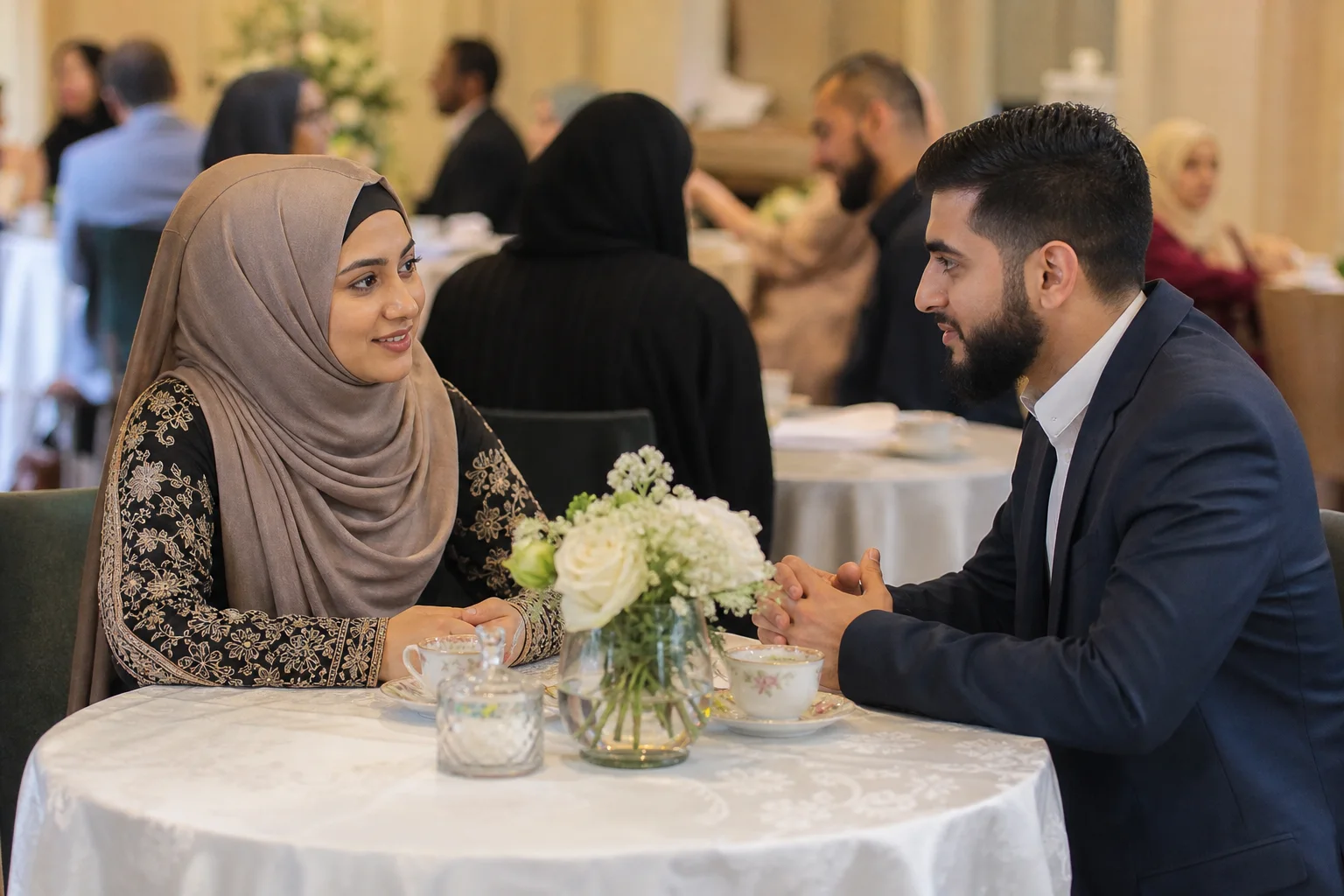 Respectful conversation between adult Muslims at an offline event
